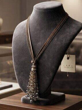 Ali Khan C.A.K.E. Bronze-Tone Crystal Tassel Long Necklace 30" Boho Chic
